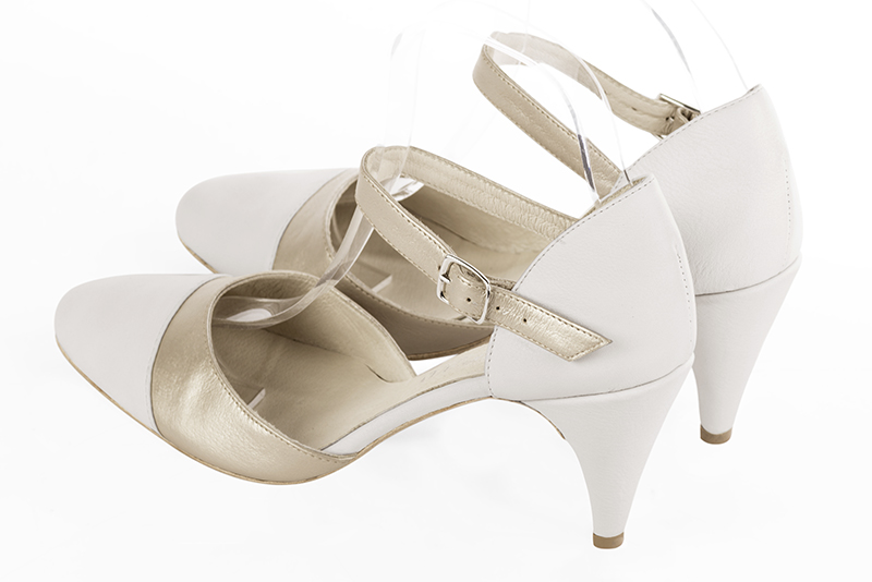 Off white and gold women's open side shoes, with an instep strap. Round toe. High slim heel. Rear view - Florence KOOIJMAN